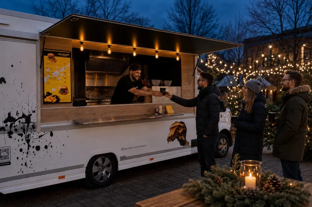 Glühweinausgabe bei einer Weihnachtsfeier am Was Willst’n Foodtruck